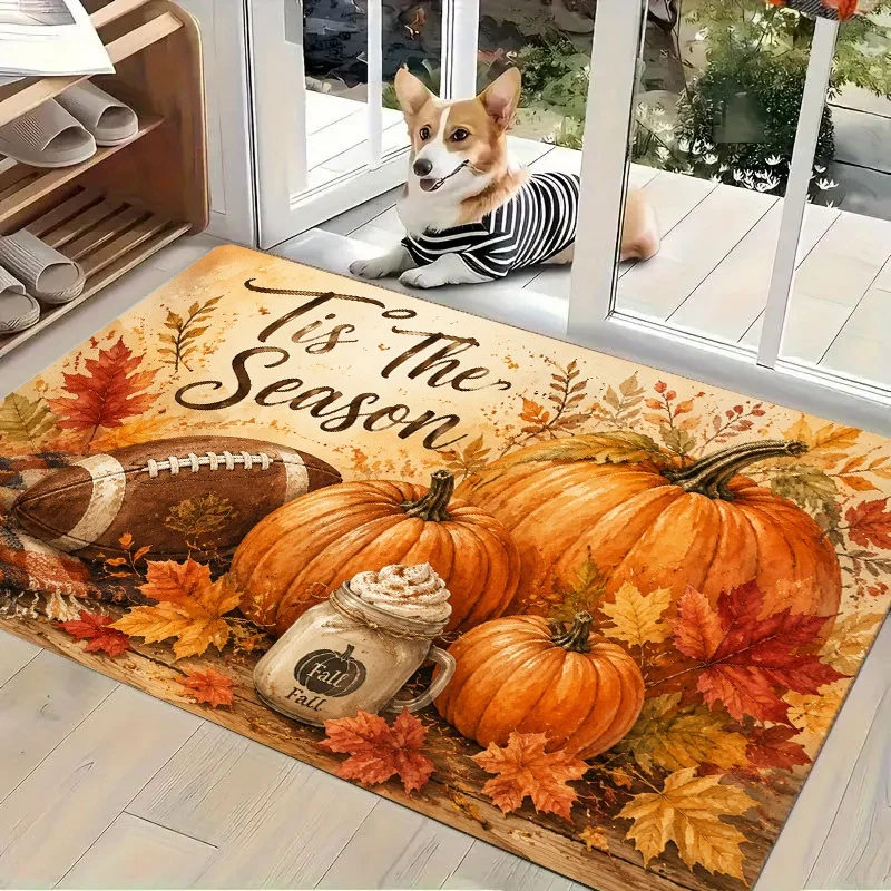 Tis The Season Fall Doormat, Pumpkin Football Maple Leaf Print Entry Mat, Autumn Harvest Front Porch Decor