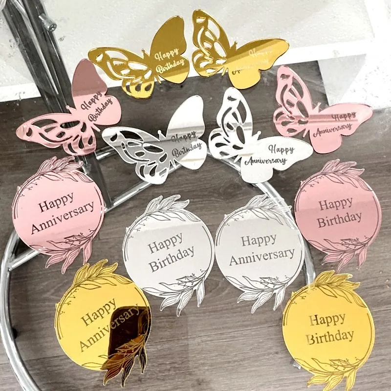 5cm Happy Birthday Cake Topper Round Plant Gold Butterfly Acrylic Baby Shower Party Cupcake Topper Anniversary Gift Decoration