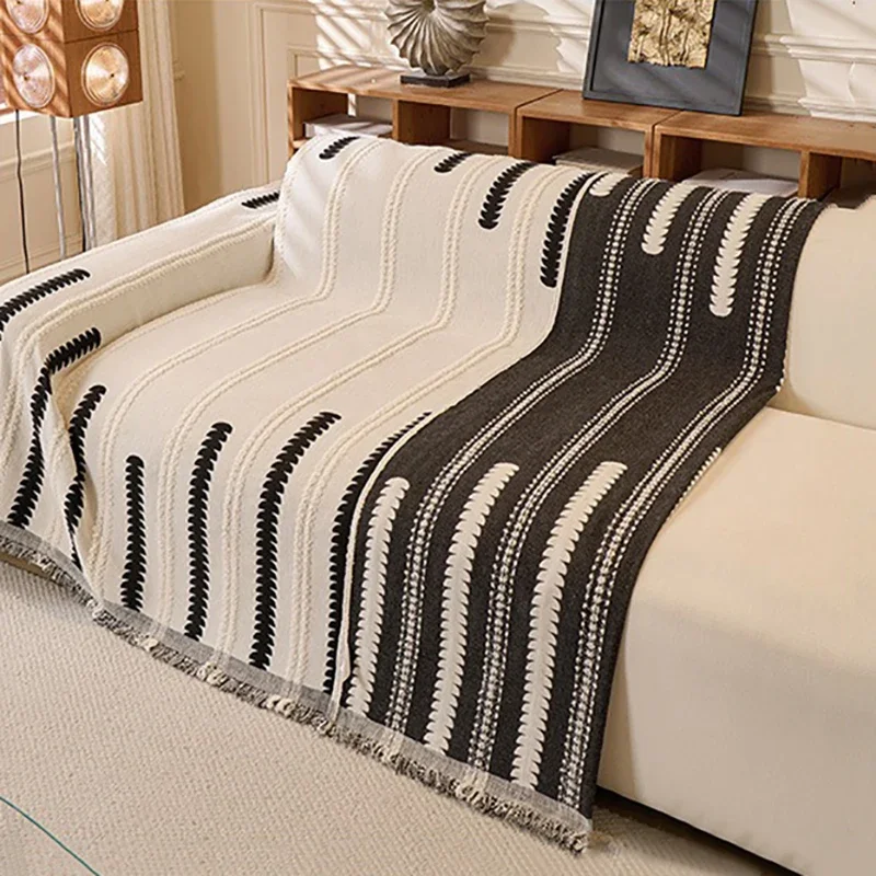 Chenille Striped Sofa Blanket All-Season  Anti-scratch Washable Pet-Friendly Couch Throw Protector Decor for Modern Living Room