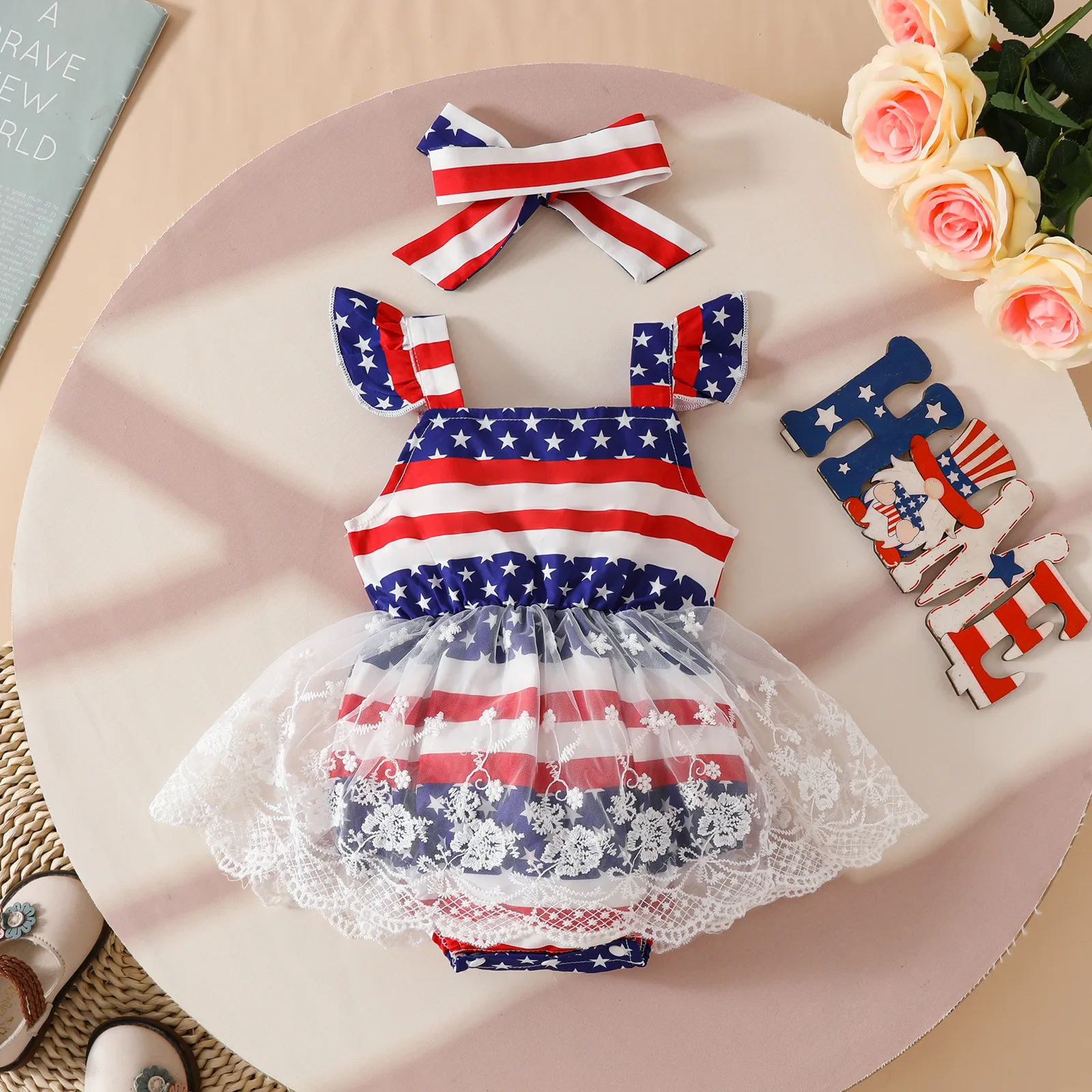 

Toddler Girl Independence Day Clothes American Flag Print Ruffle Sleeve Romper Dress with Headband 2 Piece Set for 4th of July