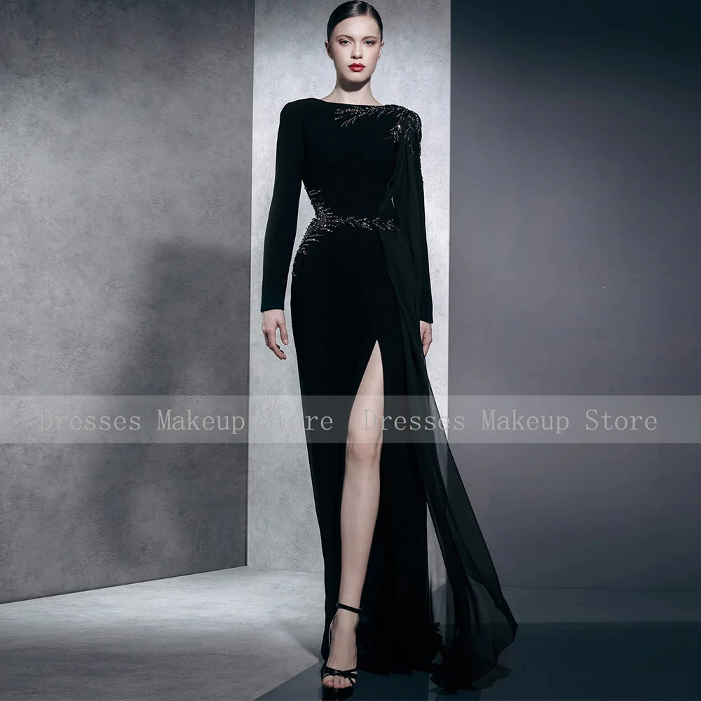 Customized Pink Wedding Guest Dresses for Women Long Sleeves Column Formal Party Gowns Side Split Beading O Neck Evening Dress image 3