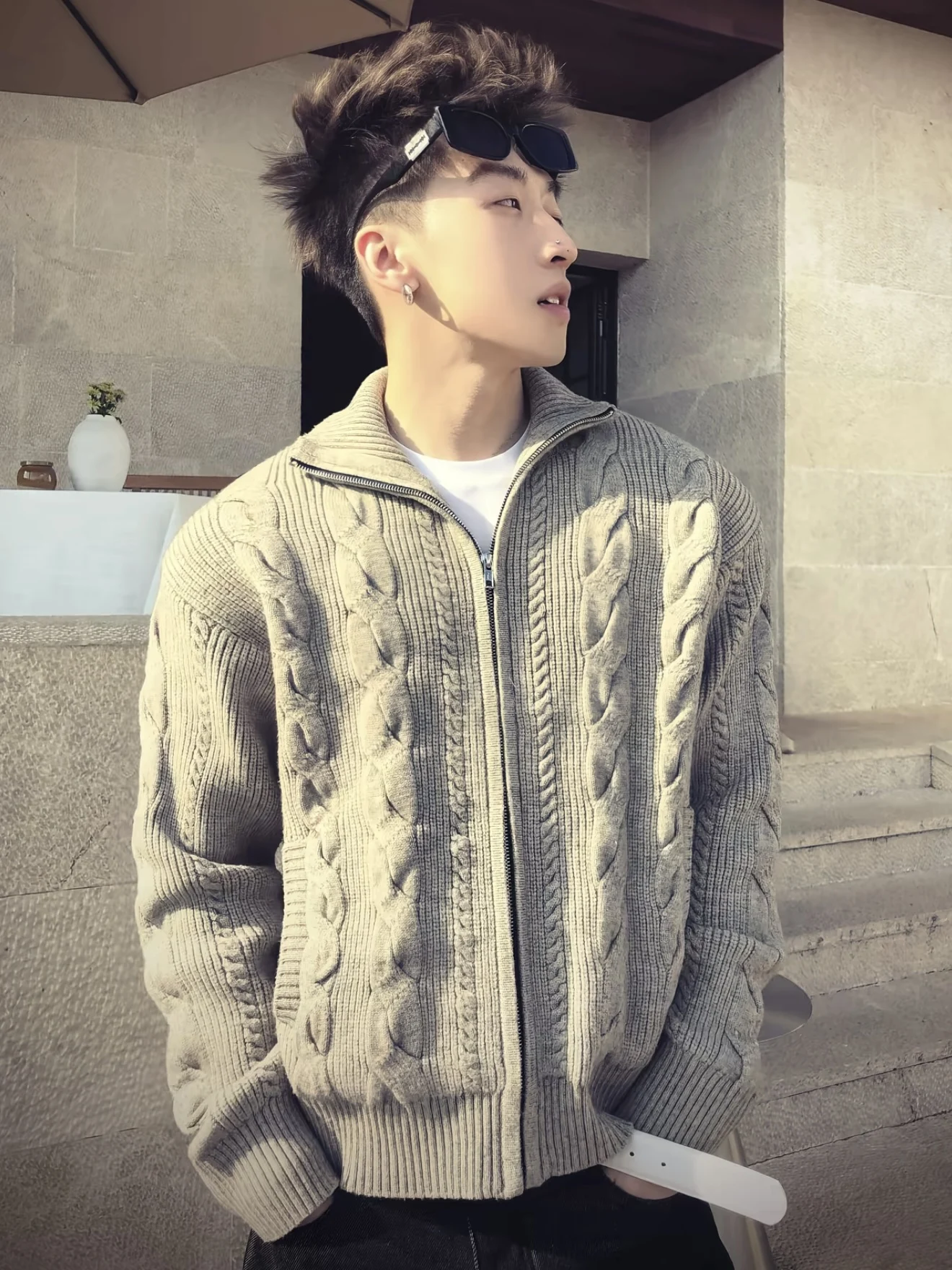 

Американский ретро-свитер из тканого конопляного полотна с текстурой косички, воротником на молнии, вязаный, осенне-зимний, универсальный, повседневная верхняя одежда