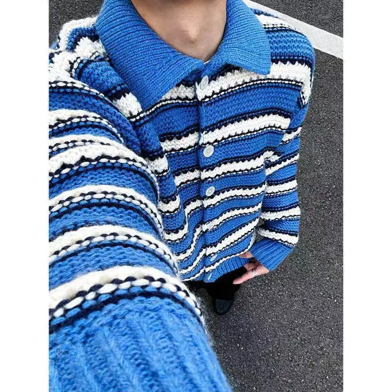 

Сине-белый полосатый американский вязаный свитер в стиле ретро для мужчин, свободный крой с воротником, уютный вязаный открытый кардиган Thi Line