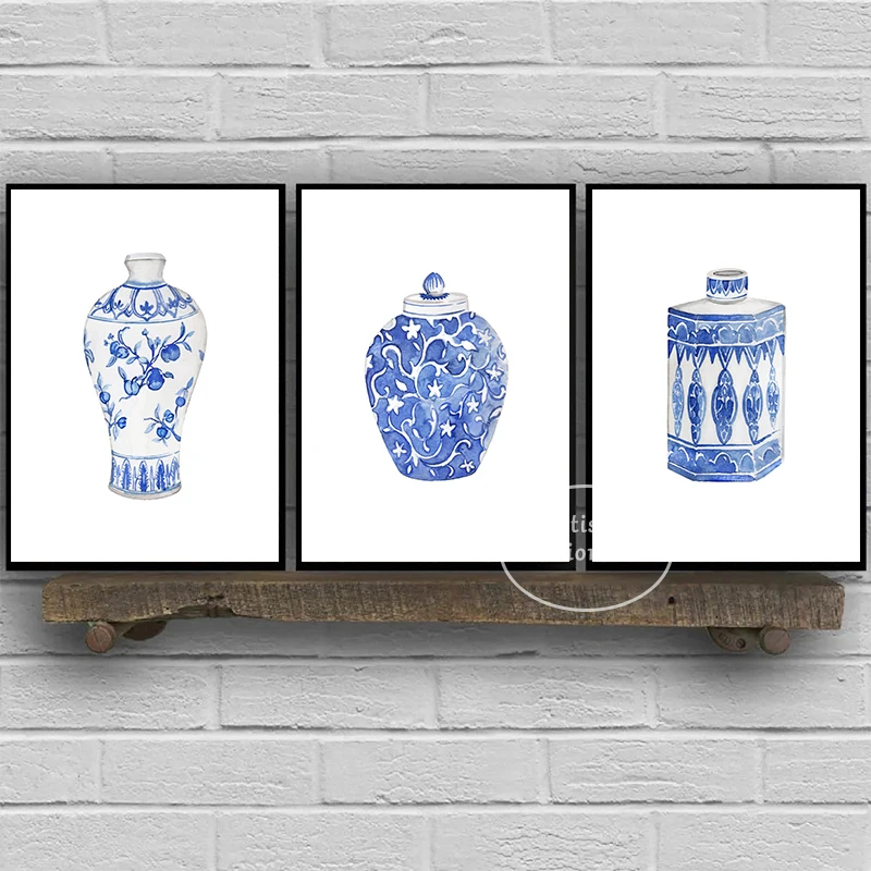 Jarrón de jengibre de acuarela, póster de estilo chino impreso, porcelana Ming, pintura en lienzo azul y blanco, arte Oriental, decoración del hogar para habitación