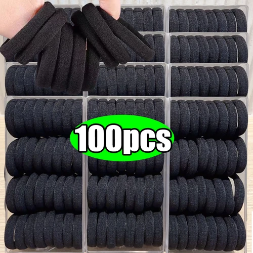 Imagen 1 del producto 10/100 Uds. Bandas básicas negras para el cabello para mujeres y niñas, cuerdas de goma simples de alta elasticidad, diadema, lazos, coleteros de 2-5cm