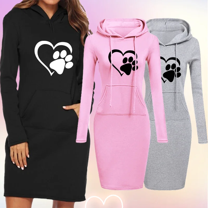 Women Hoodie Dress Sweatshirt Pullover Dress Autumn Winter Dog Paw Printed Long Sleeve Slim Pocket Hoodie Dress S-3XL