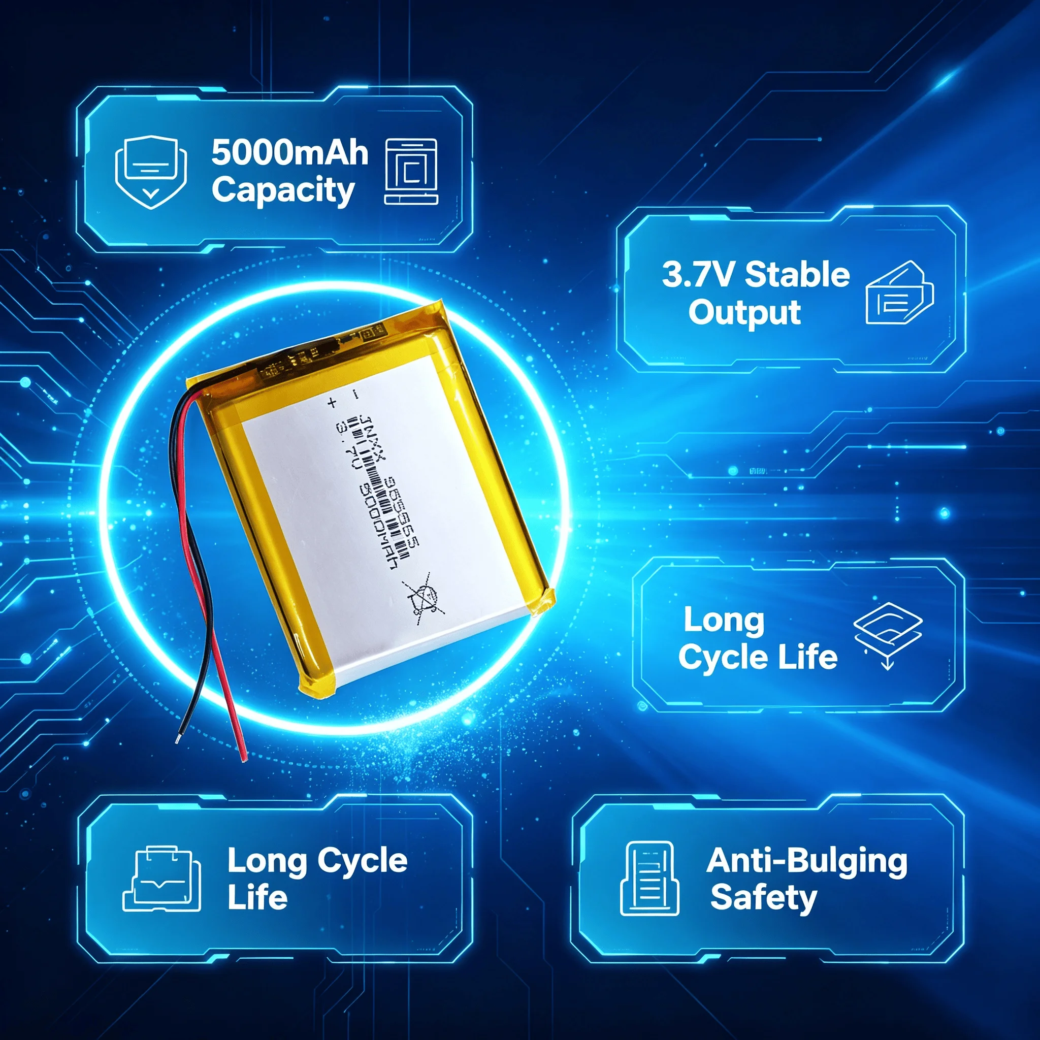 955565 3.7V 5000mAh Li‑Po Rechargeable Battery Long Cycle Anti‑Bulging For DIY Power Bank GPS