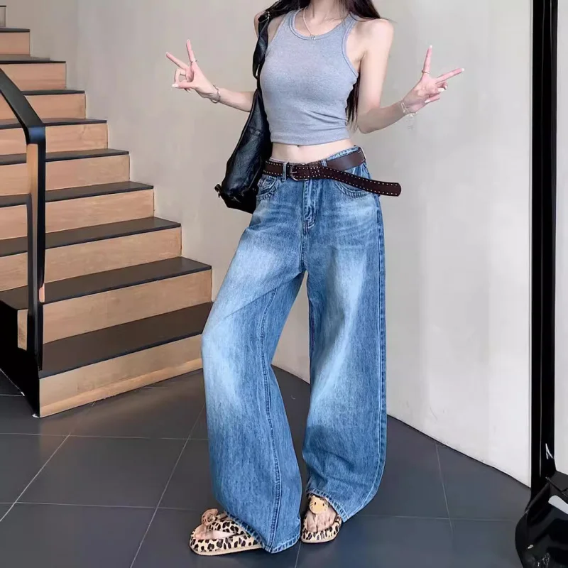 

Washed Blue Wide-Leg Jeans for Women, High Waist, Loose Fit, Slimming, Draped, Large Hem, Straight-Leg, Floor-Length Pants