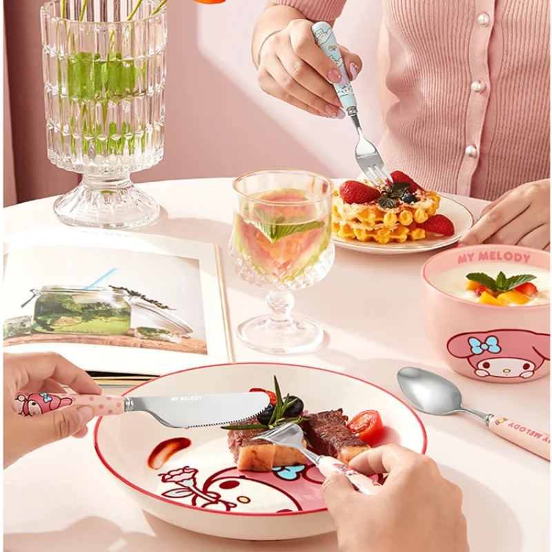 Hot Sanrios 3Pcs Hellokitty Ins Cartoon Spoon Cinnamoroll Cute Fork Mymelody Table Knife Dessert Spoon Tableware Combination Set