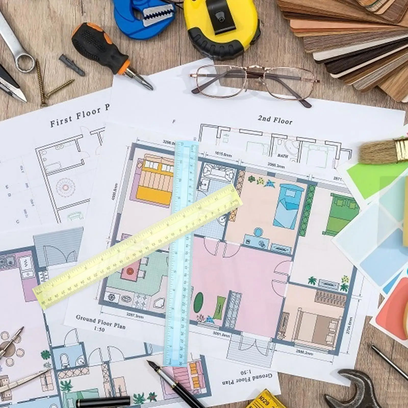 16 Pcs Plastic Straight Rulers 12 Inch Transparent Colorful School Stationery Flexible Measuring Tools Student Supplies