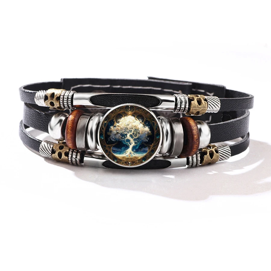 Vintage Blue Gold Tree of Life Round Bracelet Retro Stylish Cold Warm Color Matching Black Leather Wrist Jewelry for Men Women