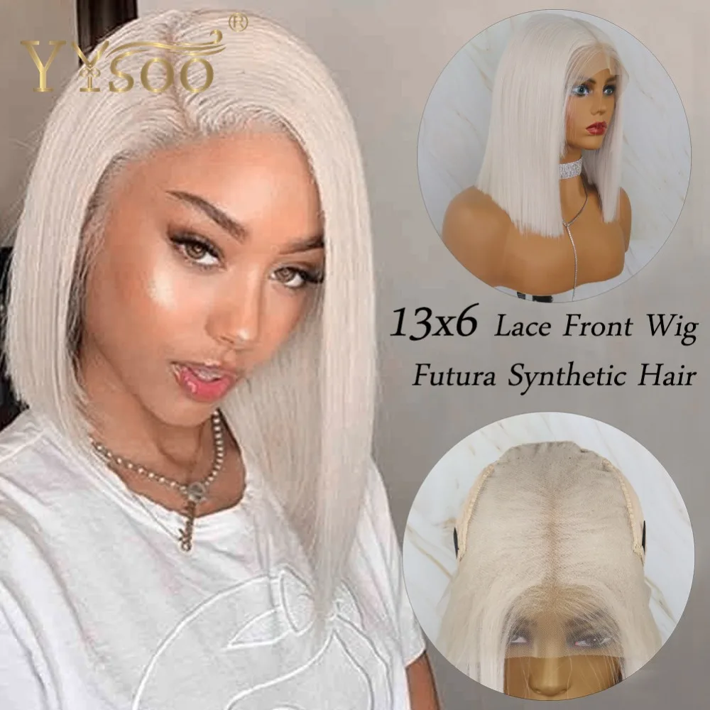 

YYsoo Short 60# Straight Synthetic Lace Front Wigs for Women 13x6 Futura Heat Resistant Fiber Hair Synthetic White Bob Cut Wig