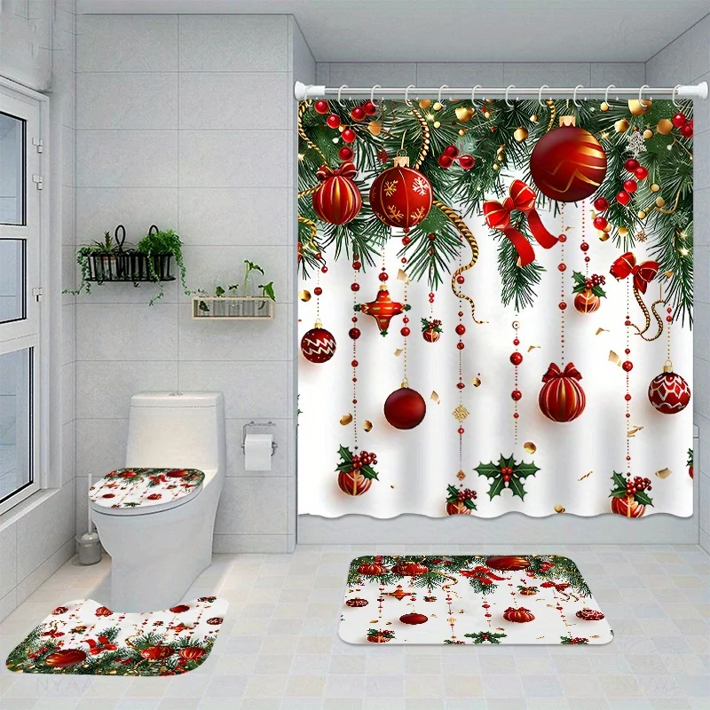 4pcs Christmas Home Decor Waterproof Shower Curtain Sets with 12 Hooks Toilet Seat Cover Bathroom Mat Non-Slip Rug Carpet Po