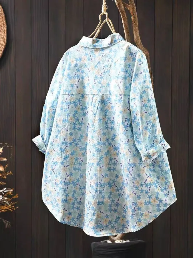 قميص نسائي صيفي 2025 من القطن الخالص بأكمام قصيرة وطبعة زهور، تصميم فضفاض وعصري، قميص تنحيف رقيق بياقة بولو أنيقة للارتداء ال...