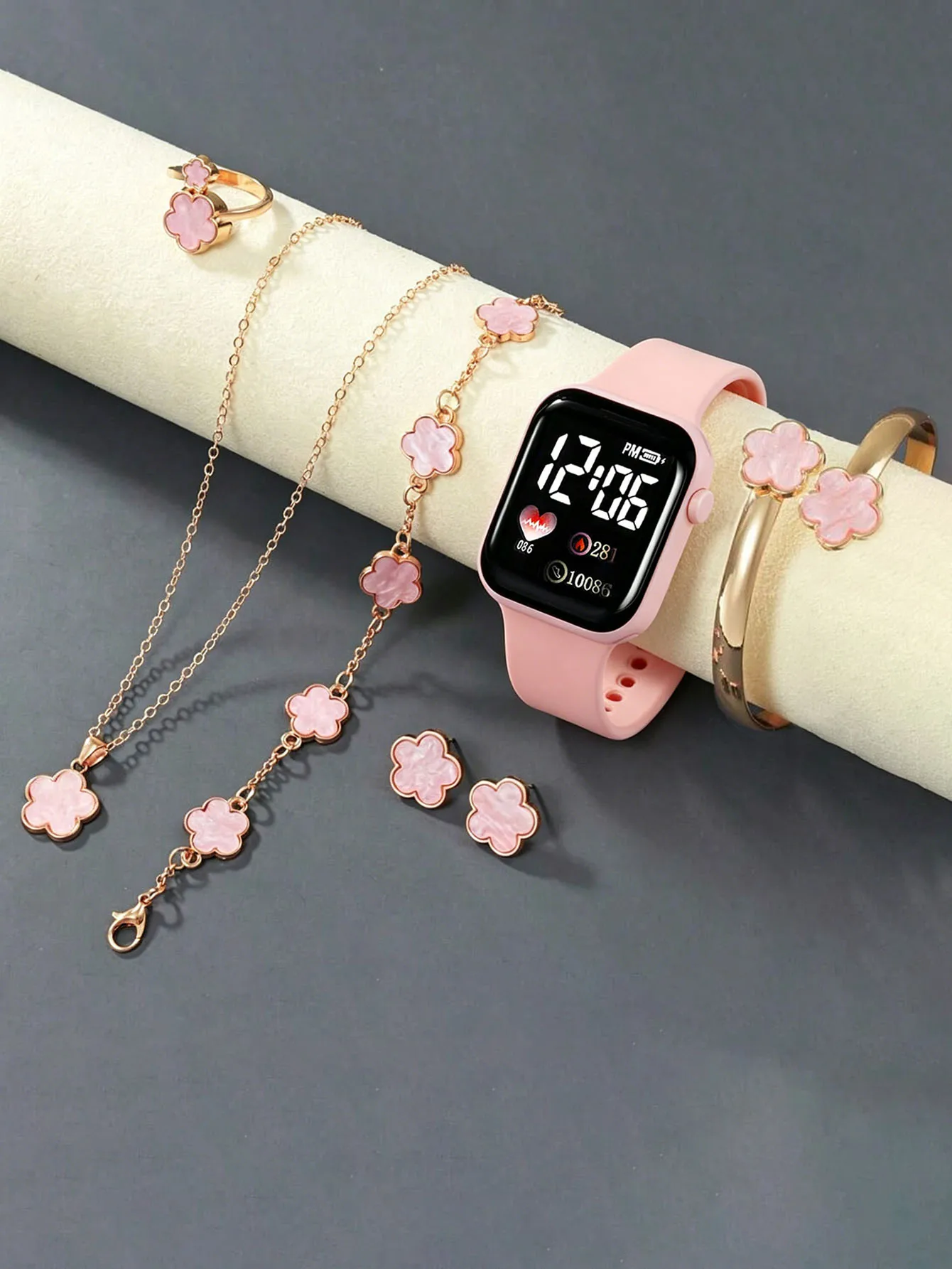 Children's Square LED Silicone Electronic Watch And Flower Accessory Set Daily Wear Birthday Gift for Kids
