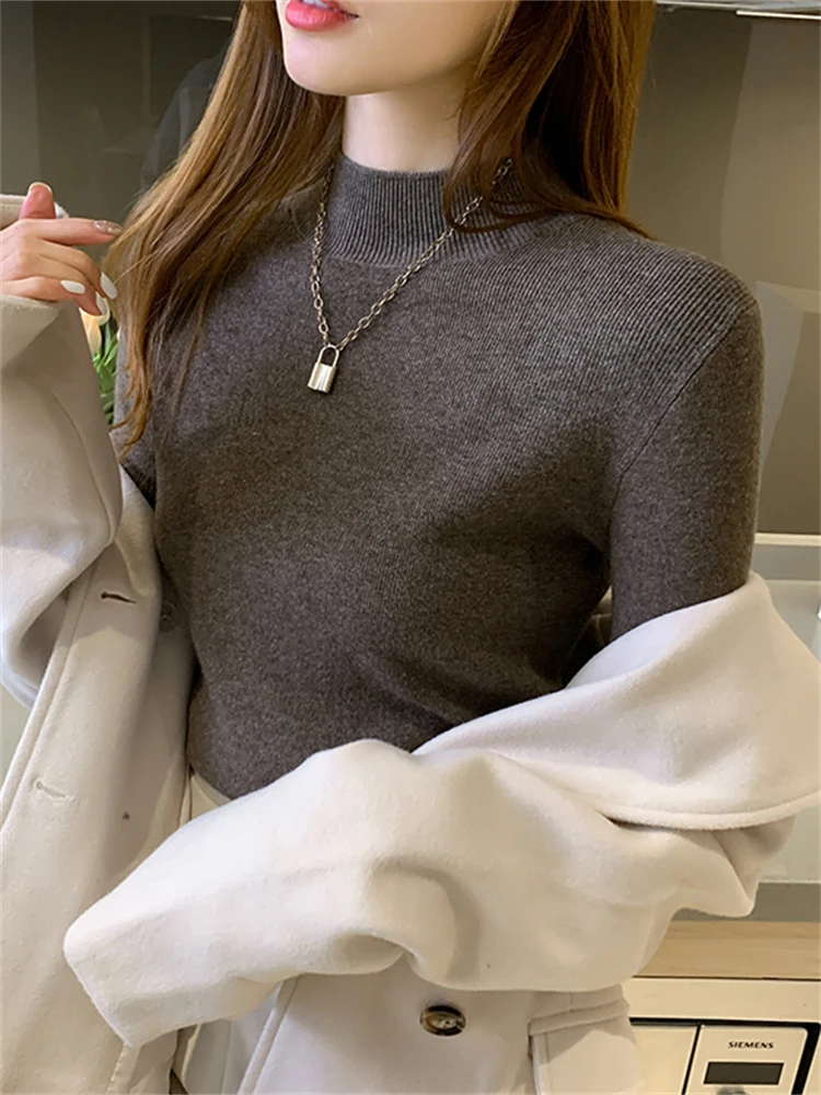 

Модный вязаный свитер с высоким воротником для женщин, облегающий, утепленный, с длинными рукавами, осенне-зимний