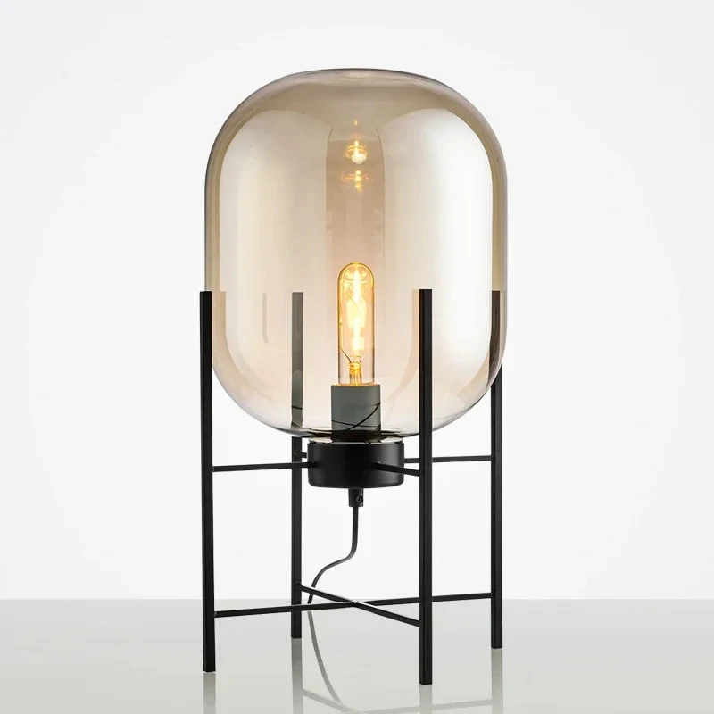 Modern Smoke Glass Table Lamp, Black Metal Frame Bedside Light Living Room Bedroom Home Decor