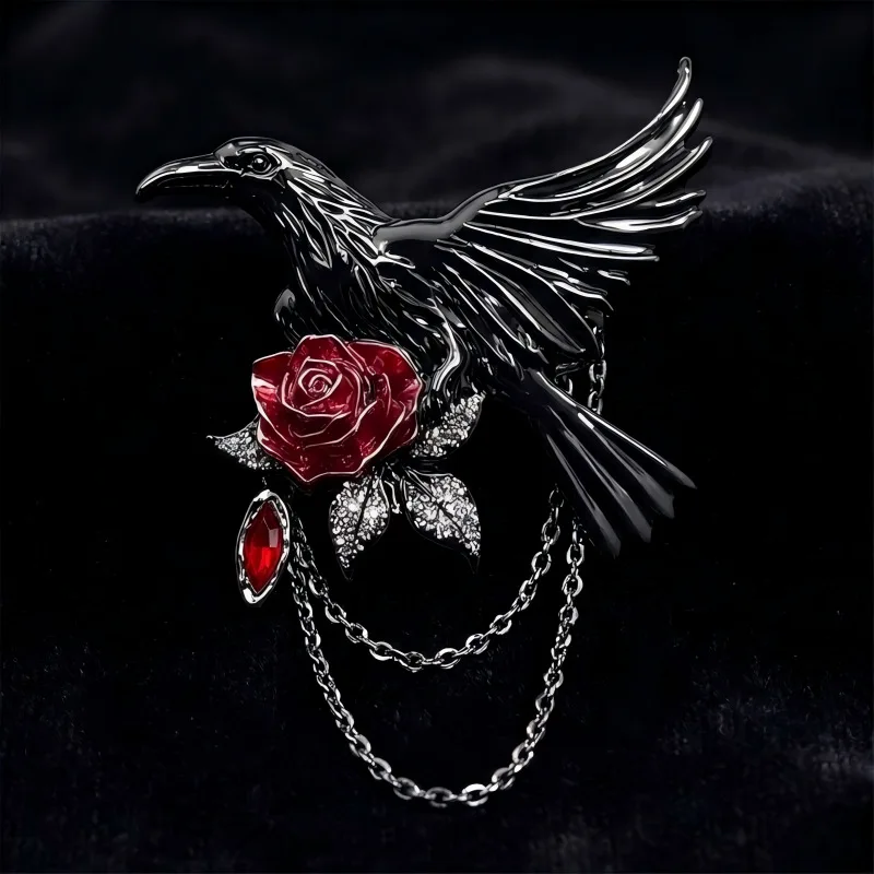 Cool Creative Black‑Flower Crow Brooch, Graffiti Dark‑Style Lapel Pin Jewellery