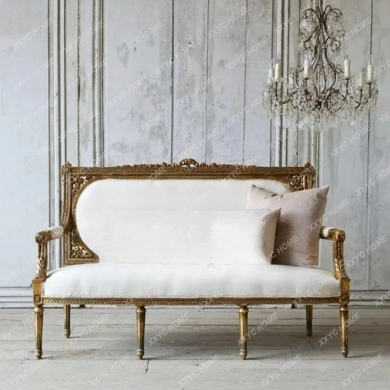 

Antique solid wood furniture, retro solid wood carving flower old double sofa,solid wood carving flower gold sofa