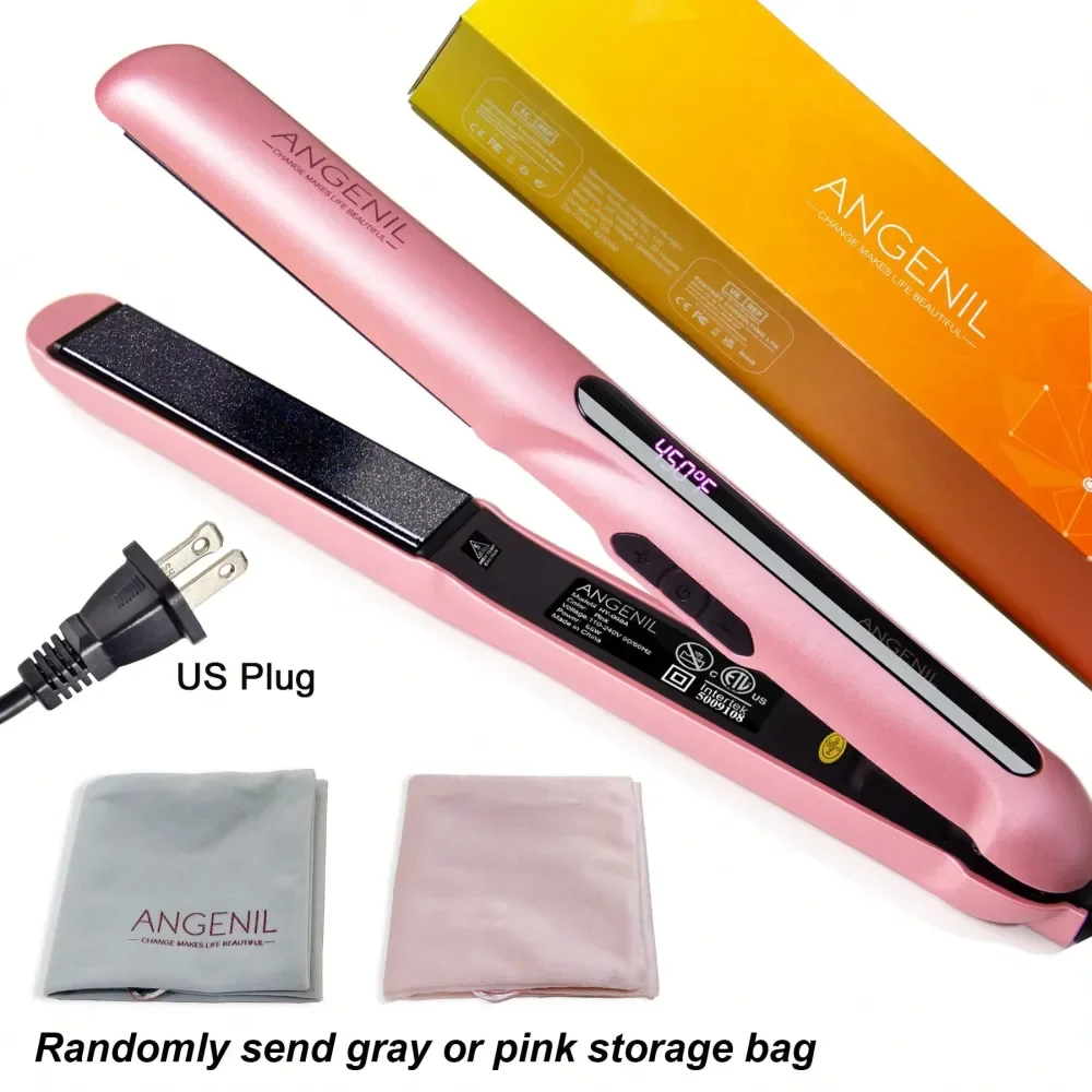 ANGENIL Plancha de cerámica profesional, rizador de pelo 2 en 1, con aceite de argán marroquí, calentamiento rápido, doble voltaje, regalo para