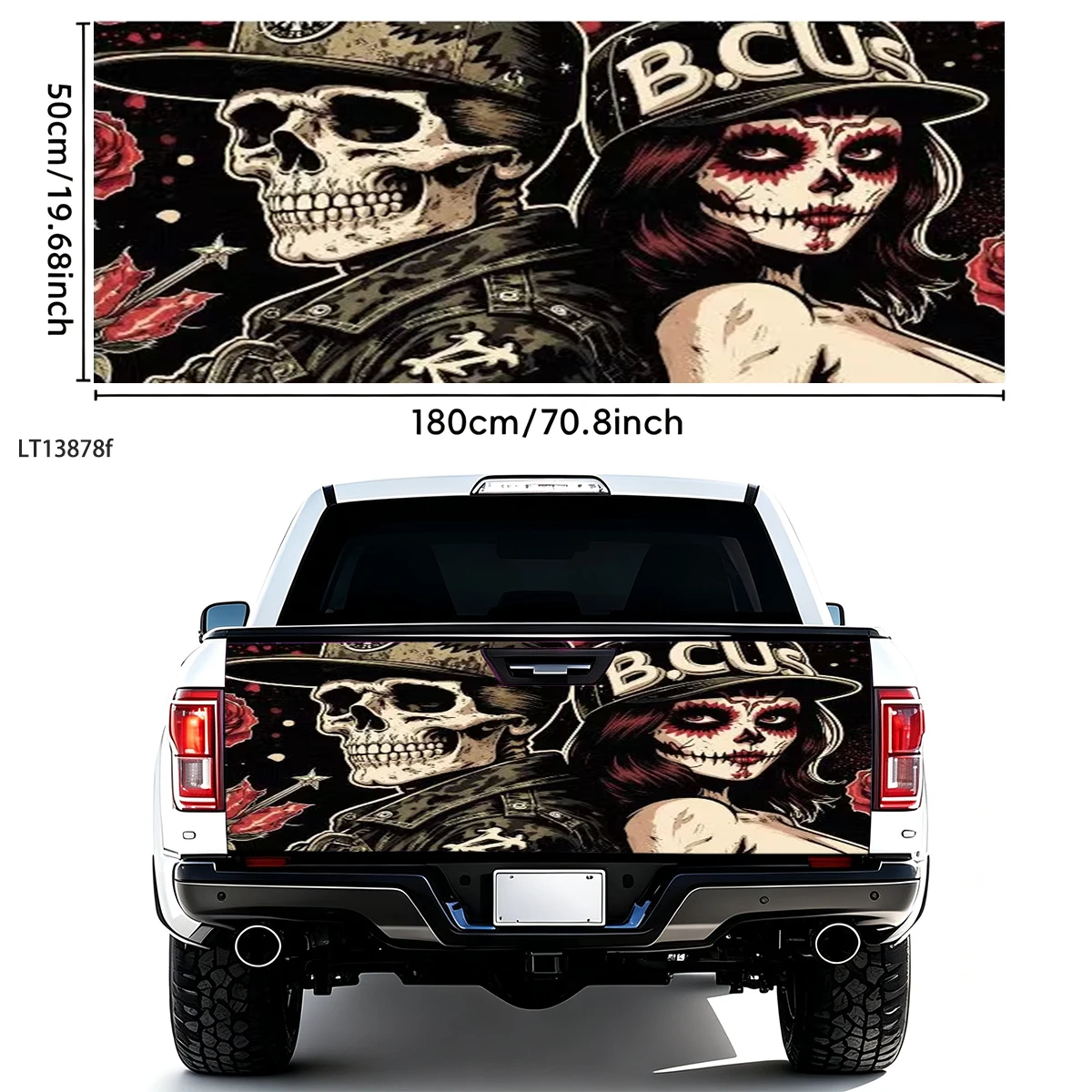 Day of Dead Sugar Skull Couple Rose Pickup Tailgate Wrap Waterproof Vinyl Sticker Off Road Rear Gate Universal Exterior Mod Deco