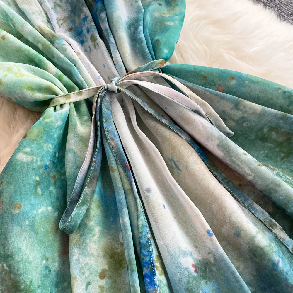 Verão elegante tie dye midi vestido para mulheres fita tule costura em camadas queimado feminino vestidos de baile novo em 2025 rendas até chique