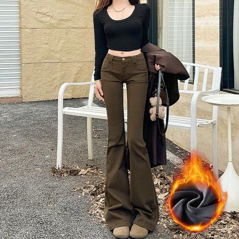  بنطلون جينز نسائي منخفض الارتفاع موديل 2025 شتوي بني قابل للتمدد بقصة ضيقة مبطن بالصوف الحراري #1