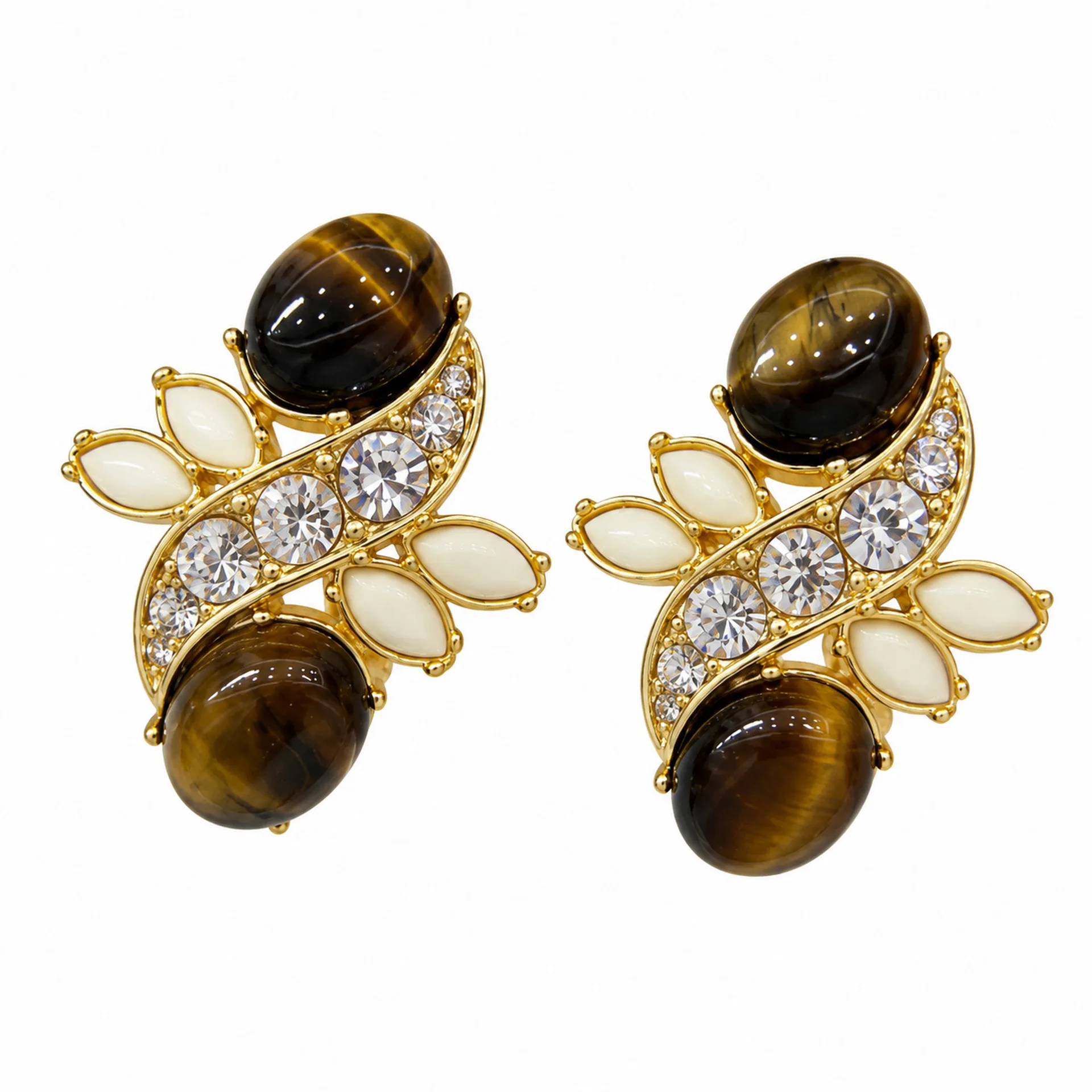 Luxury Retro Natural Stone Tiger Eye Stud Earrings, Copper Inlaid Zircon, Trendy Premium Women Jewelry Gift