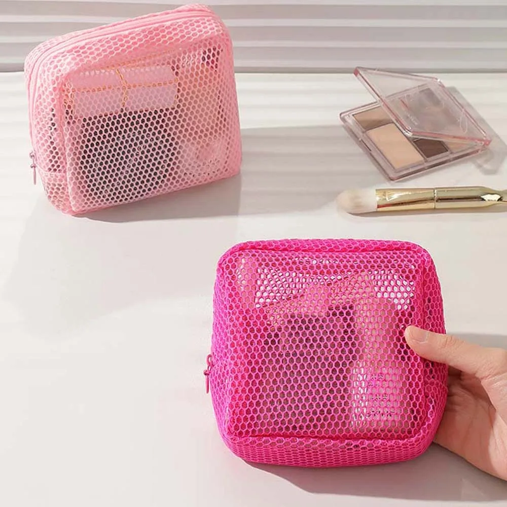 

2pcs/set Breathable Mesh Lipstick Bag Hollow Out Fluorescence Color Dopamine Pouch Portable Polyester Wash Bag Women