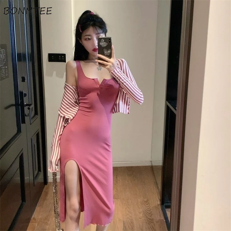 Women Set Two Pieces Striped Long Sleeve Shirt Knee Length Dress Square Neck Off Shoulder Side Slit Slim Korean-style Sexy Chic