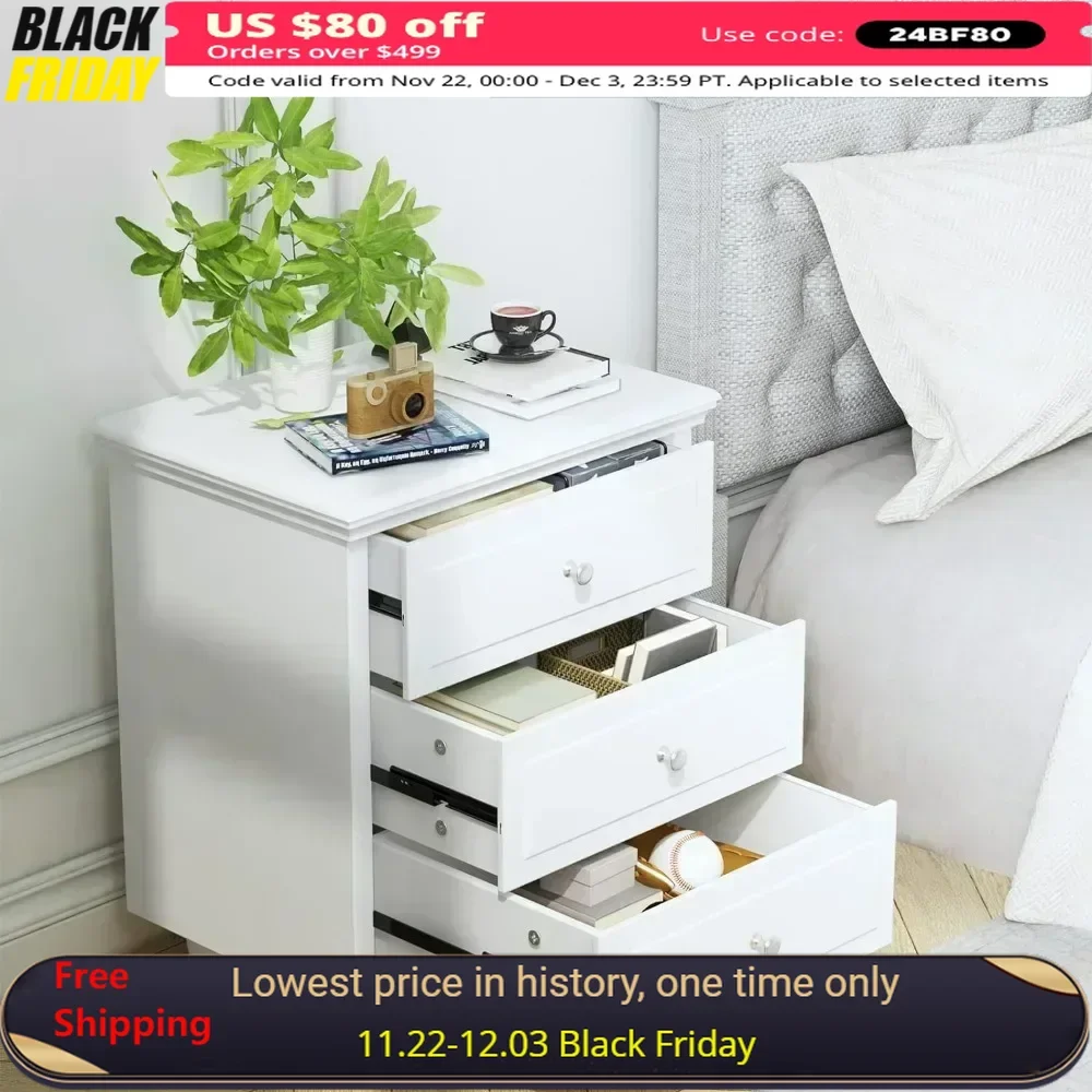 

3 Drawer Bedside Table with Wooden Legs, Modern White Drawer Dresser Bedside Table, Perfect for Bedroom, Living Room