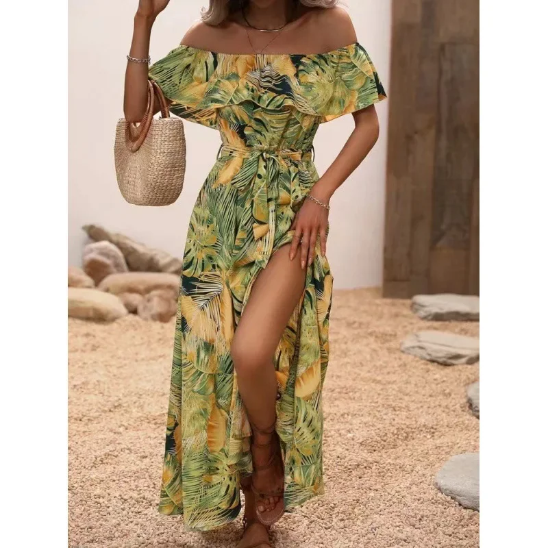 2024 Zomer Mode Nieuwe Gedrukt Jurk Vrouwen Elegante Een Lijn Kraag Verstoorde Lace Up Lange Rok Casual Resort Stijl Strand jurk