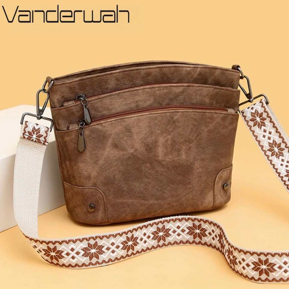 Women's Vintage Crossbody Bag Multi-Pocket Wear-Resistant Faux Leather Shoulder Crossbody Bag with Boho Wide Adjustable Strap