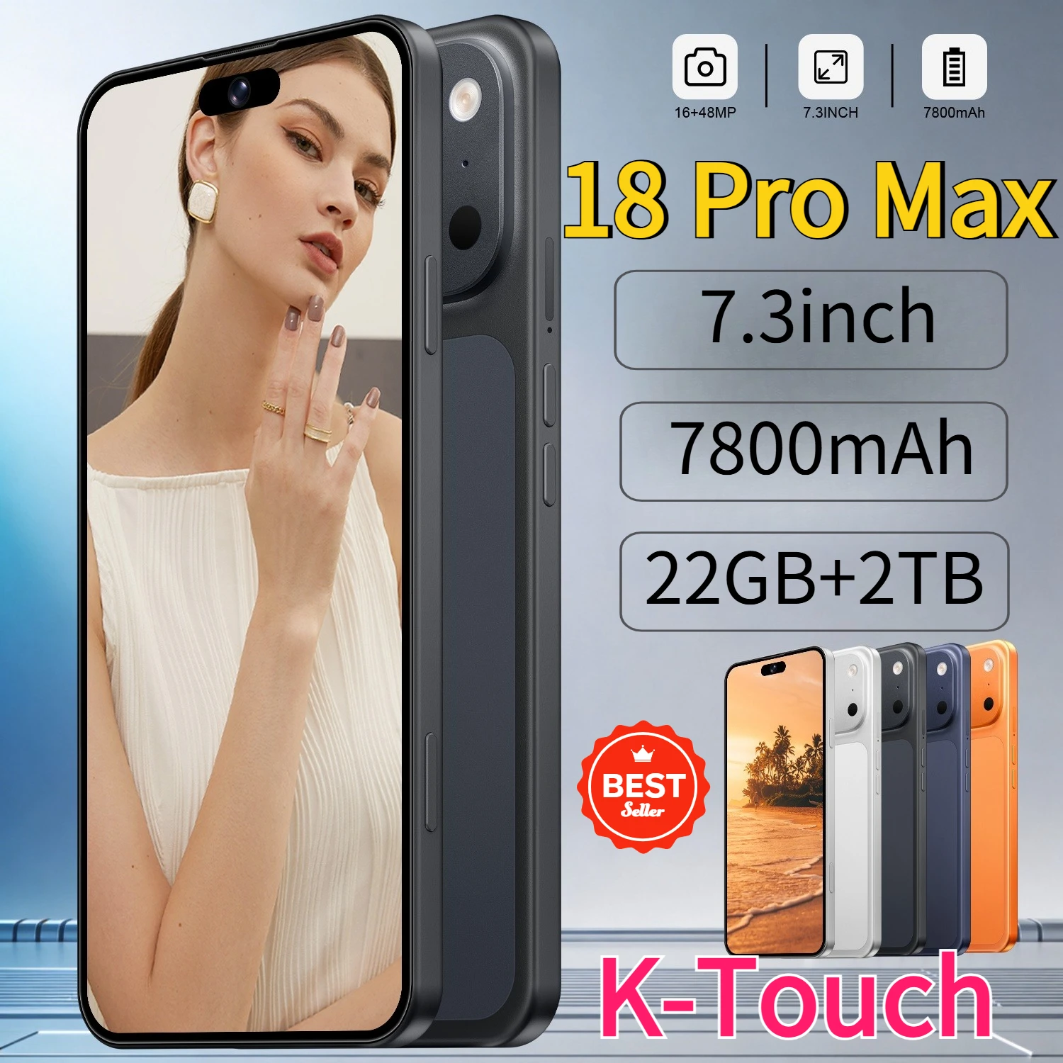 K-Touch Hot 18 Pro Max 22G+2TB Mobiltelefone 7.3HD Handy Android 15 Smartphone 5G Dual-SIM 7800mAh Entsperrt Globale Version 16+48MP Mobiltelefone