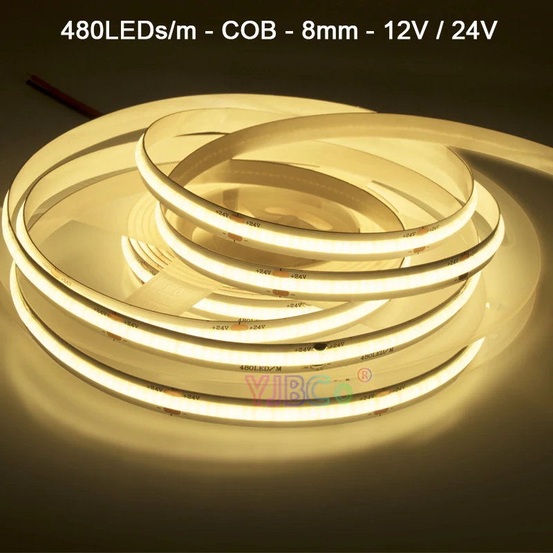 

12V 24V 5M White/Warm white/Natural White/Blue/Red/Green single color COB LED Strip 480LEDs/m FCOB Flexible Light Tape 8mm PCB