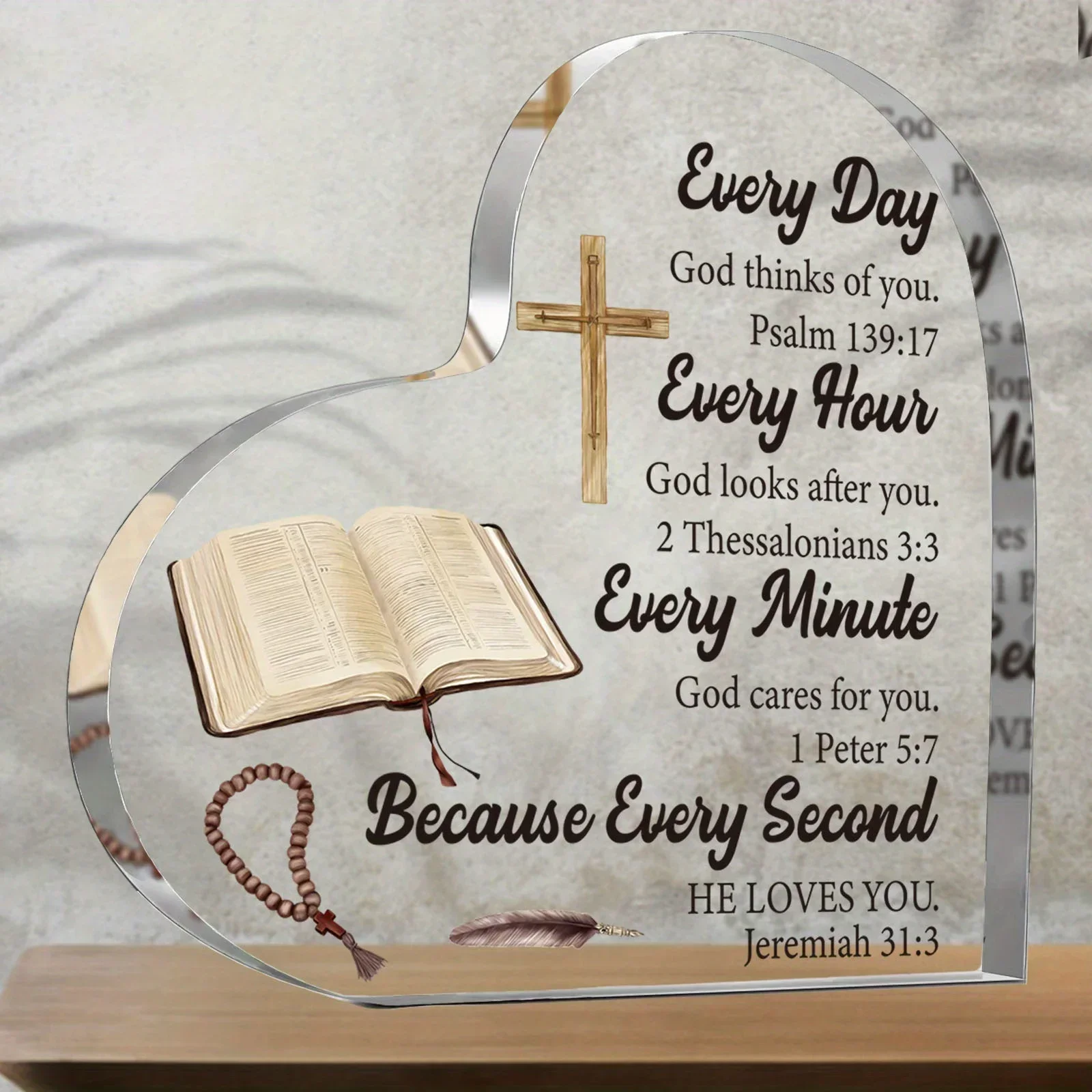 Heart Acrylic Desk Plaque Bible Verse Gift, Cross Bible Rosary Christian Acrylic Heart Decor for Women Pastor, Church Wedding Baptism