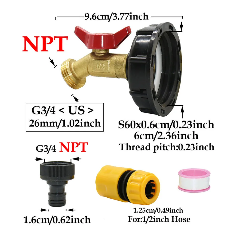 

Адаптер для бака IBC 1000 л, латунный клапан S60 на резьбу 3/4, соединитель для шланга, кран для наружного использования, фитинг для полива сада