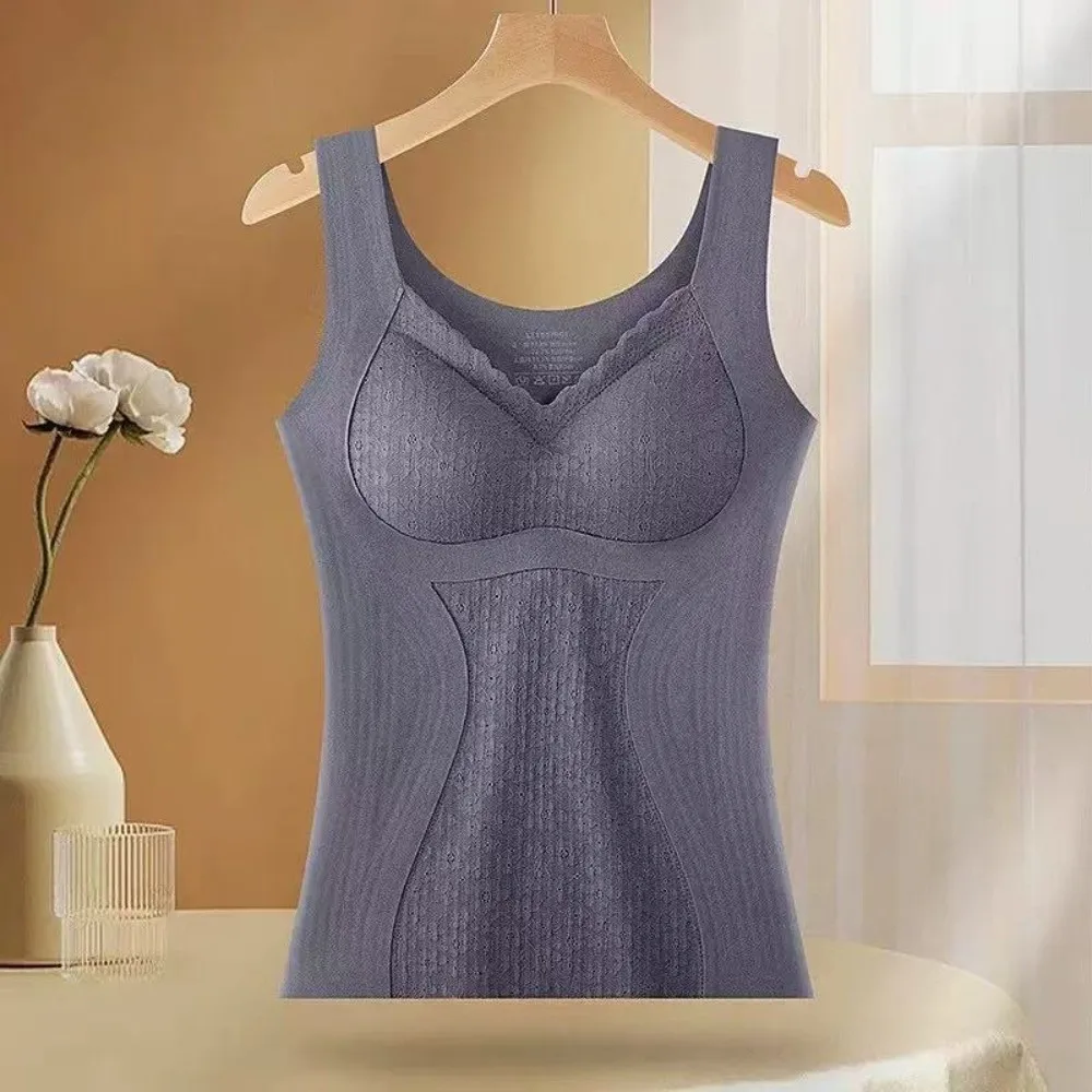 レースカシミアサーマルアンダーウェアノースリーブスリムウールサーマルシェイプウェアキャミソールパッド入りカップ付きベルベットフリース