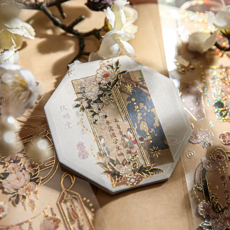 3 Sheets PVC Embossed Gold Stamping Stickers for Scrapbooking DIY Decorative Material Collage Journaling