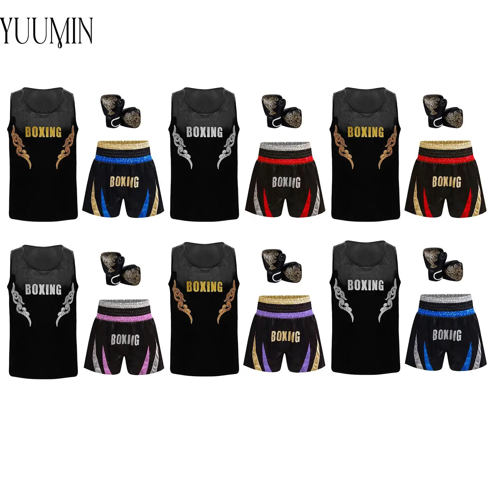 

3 Pcs Kids Boys Sequin Applique Shiny Sleeveless Tank Top with Boxer Shorts And Tiger Printed Boxer Gloves for Boxing Training