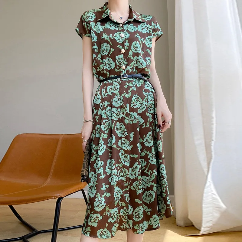 Ele Satijn Zijde irt Dr Losse aquarelprint ort Sve A-lijn Lange Dr Pendelen Sle ronde Ne Mid-taille rok