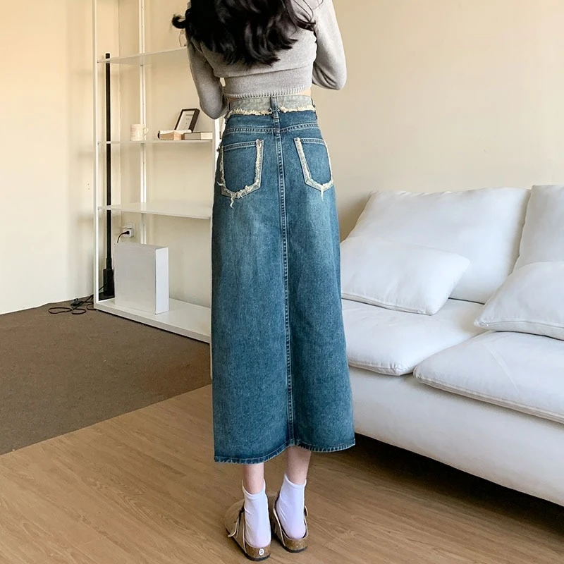 

Новинка 2026: Женская джинсовая юбка А-силуэта с высокой талией и боковым разрезом, облегающая, стильная, миди, скрывающая живот