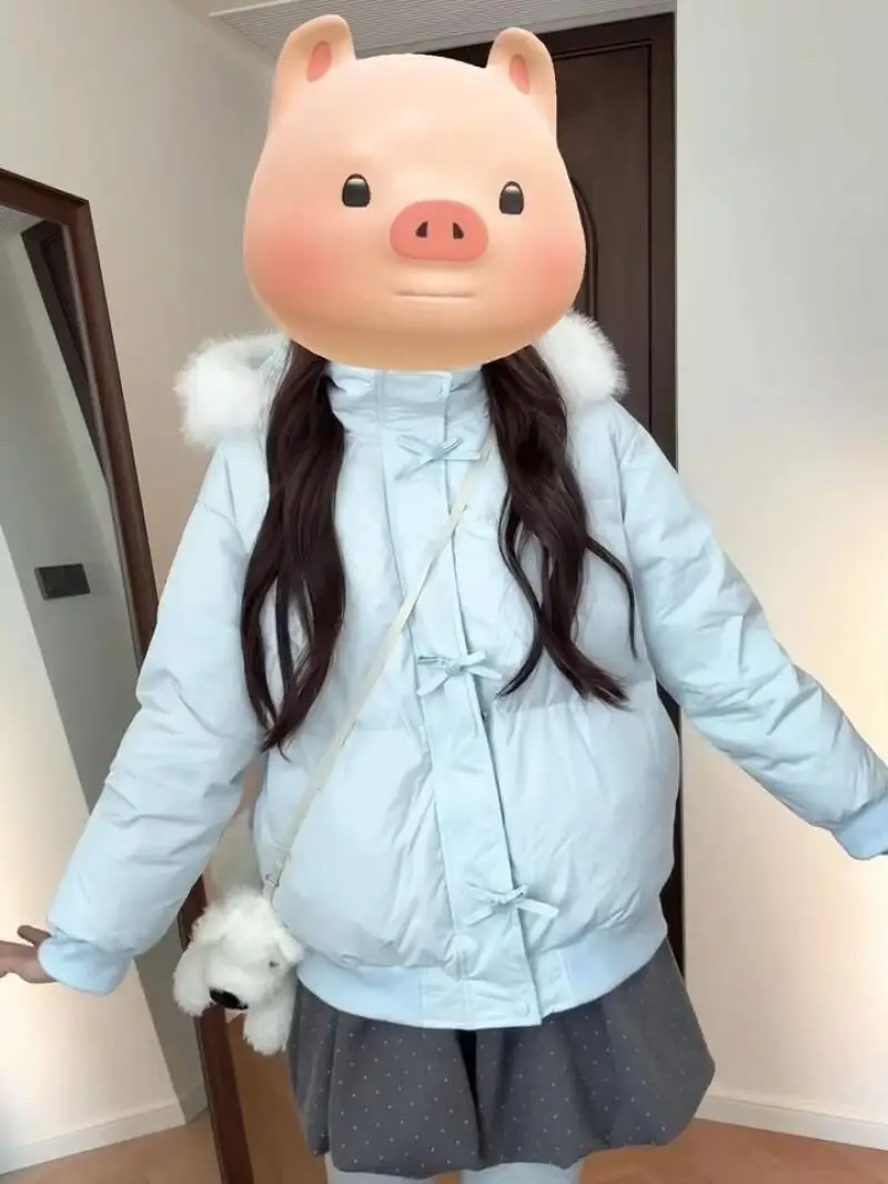 

preppy style sweet fur collar blue hooded cotton-padded jacket coat Women's winter new model versatile keep warm elegance