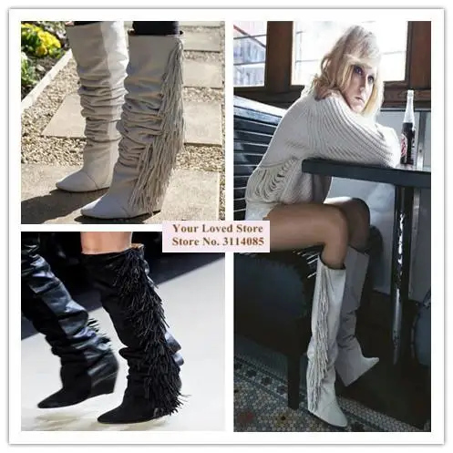 Women Knee High Suede Fringe Boots Black/White/Gray Platform Wedged Tall Boots New Brand Fashion Women Motorcycle Tassel Boots