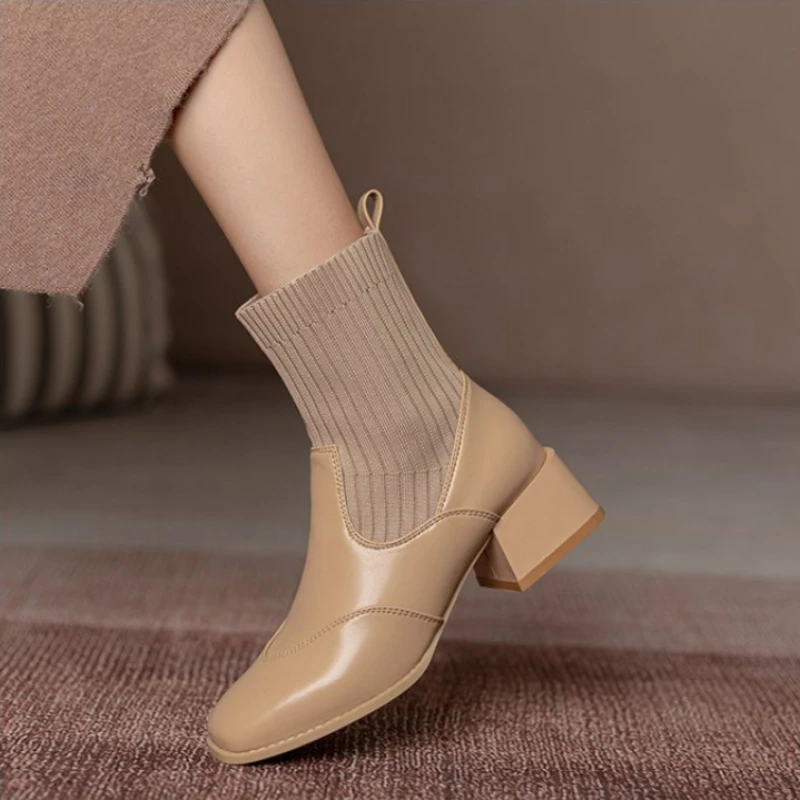 Pointed Ankle Boots Winter Women New Casual Chelsea Boots Women Medium Heel Knitted Sock Boots Women Faux Suede Female Heels