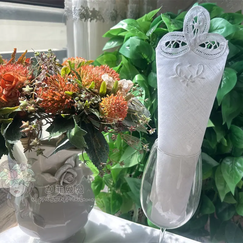 4PCS White Cotton Handmade EMI Embroidered Napkins, Placemats, Square Towels and Covers Handkerchief