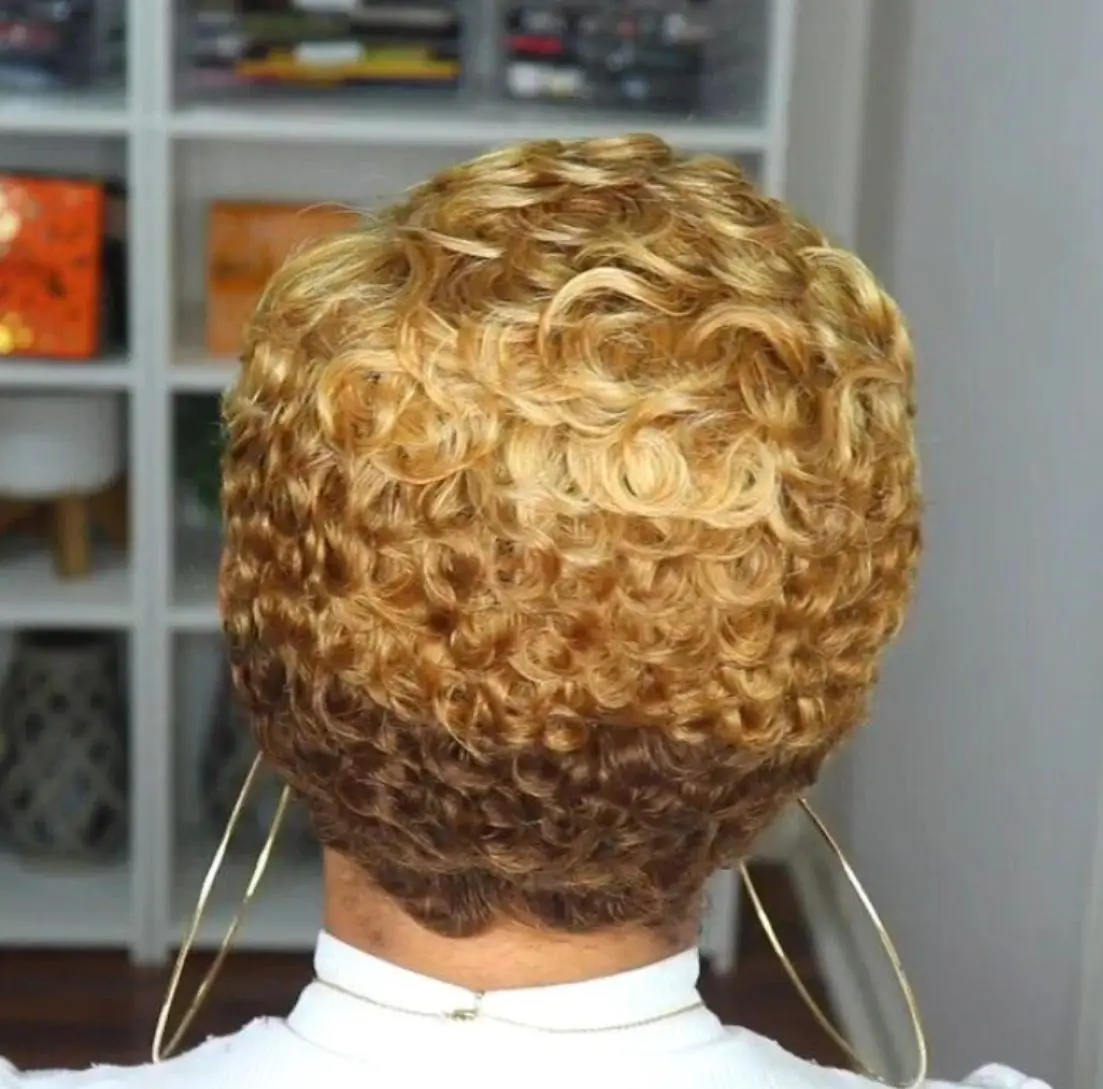 Synthetische kurze lockige Pixie Cut Bob Ombre dunkelbraun hellbraun honig blond Gold Frisur Perücken Maschine für schwarze Frauen gemacht