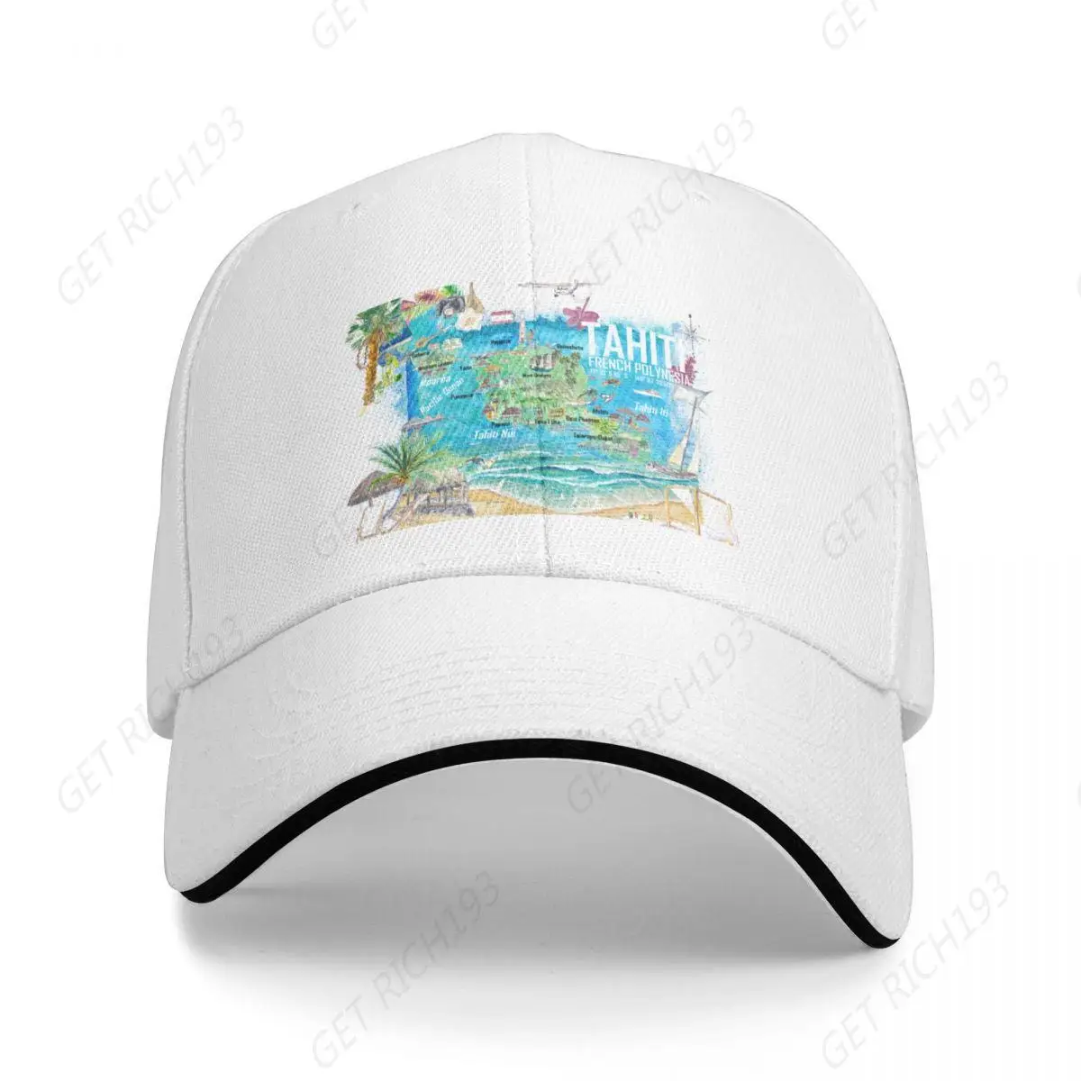 Tahiti Illustrated Travel Map With Roads And Highlights Cap Baseball Cap Fur Hat Men Hats Women One Size