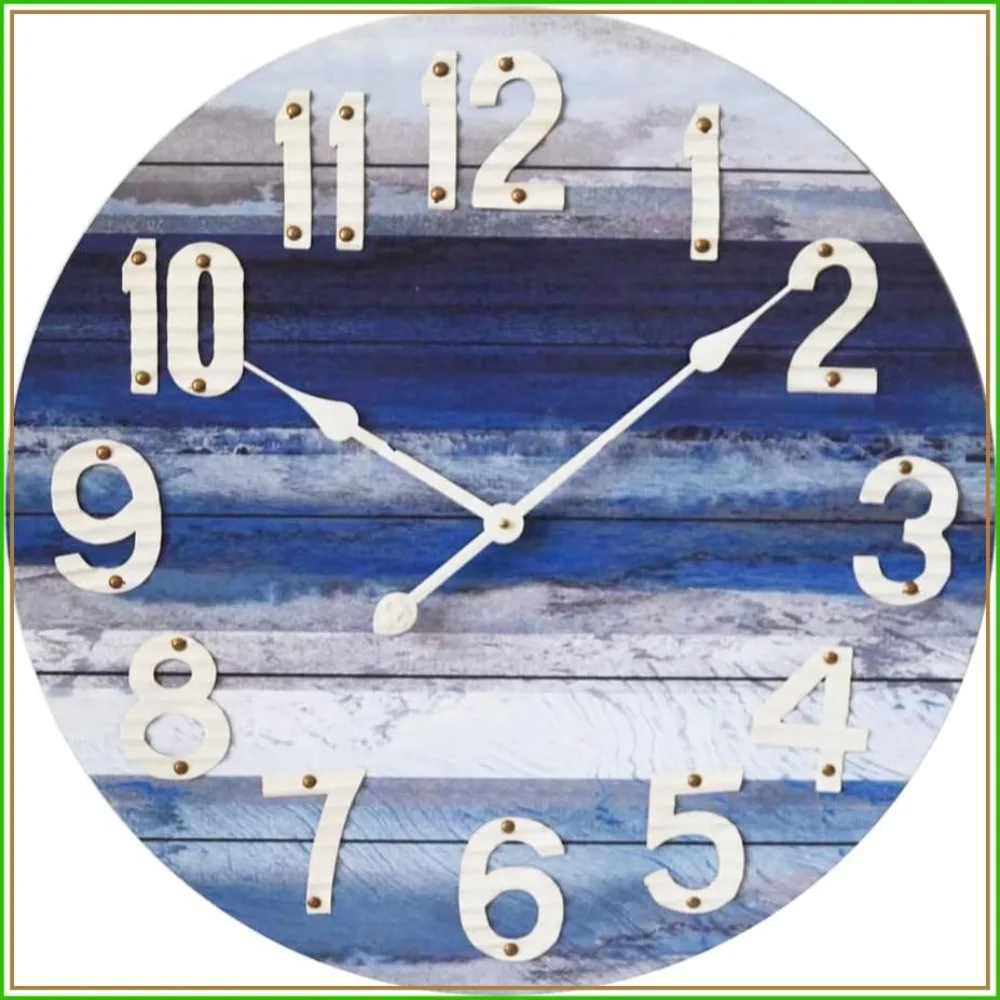 

24 Inch Large Beach Blue Wall Clock, Silent Non-Ticking Battery Operated, Rustic Vintage Coastal Decor for Living Room, Kitchen, Bedroom
