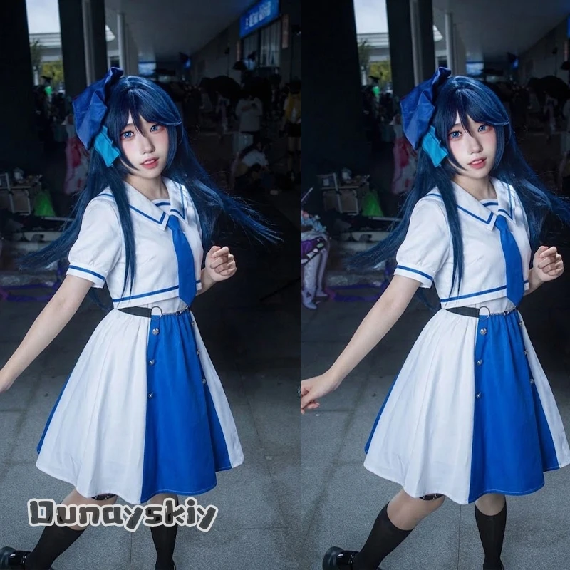 

Dunayskiy/Anime Game Project Sekai Cosplay Hoshino Ichika Costume White Blue Dress Fashion Y2K Idol Uniform Long Wigs Halloween